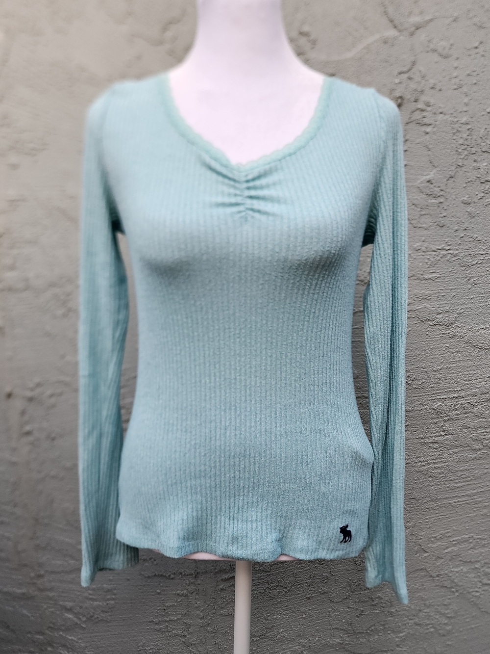 Abercrombie Kids Ribbed Lace Trim Long Sleeve Top Mint Blue Size 13/14